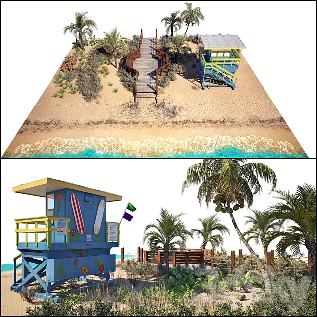 Architecture – 3D Models – Ocean Beach set and Miami Lifeguard Hut (with plants)