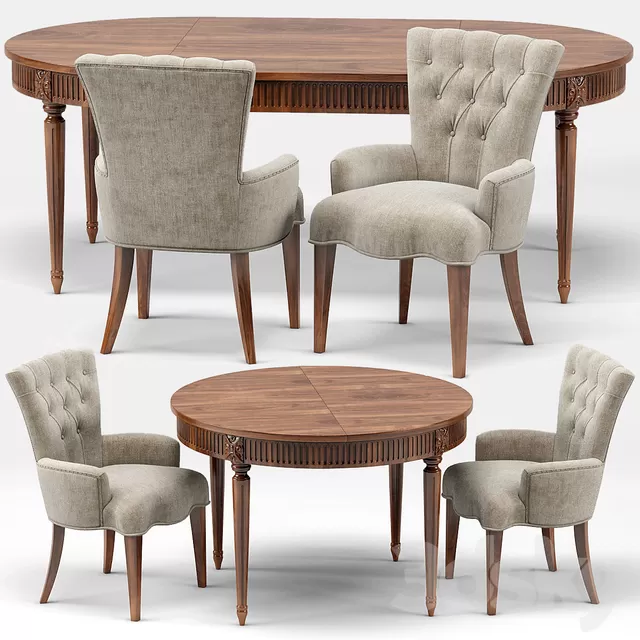 Furniture – Table and Chairs (Set) – 3D Models – Gustavian Extension Table and Toulouse French Armchair