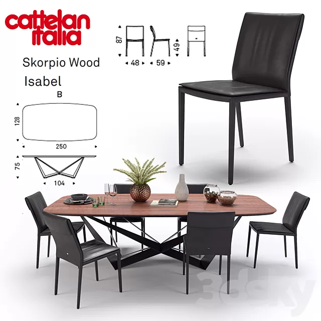 Furniture – Table and Chairs (Set) – 3D Models – Table Scorpio Wood – Chair Isabel – Cattelan Italia