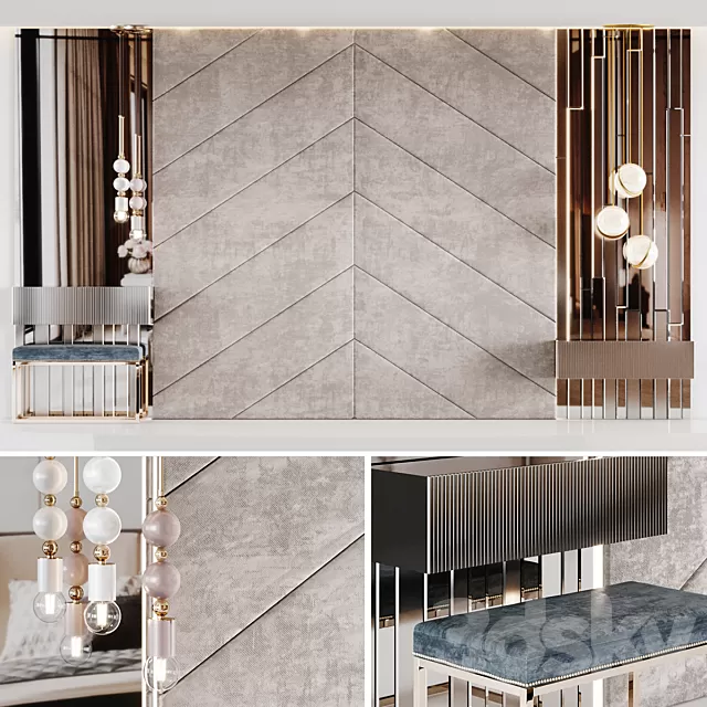 Hallway 3D Models – Decoration of a beige headboard with side tables and light