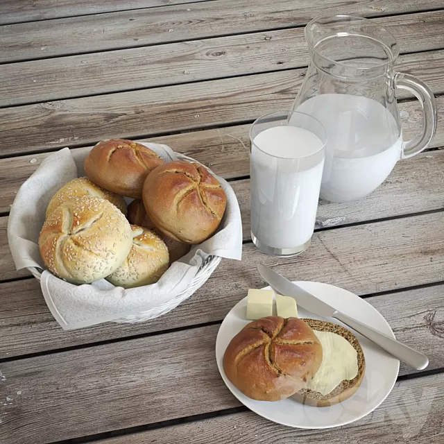 Kitchen – Foods – Drink 3D Models – Buns & Milk 3D Model