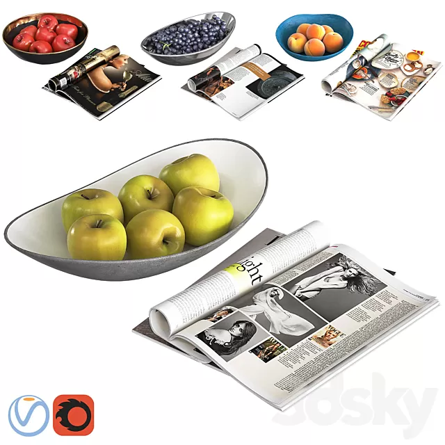 Kitchen – Foods – Drink 3D Models – Fruit Bowls and magazines 3D model