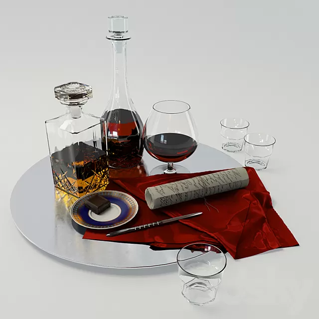 Kitchen – Foods – Drink 3D Models – Set whiskey and cognac decanter on dish