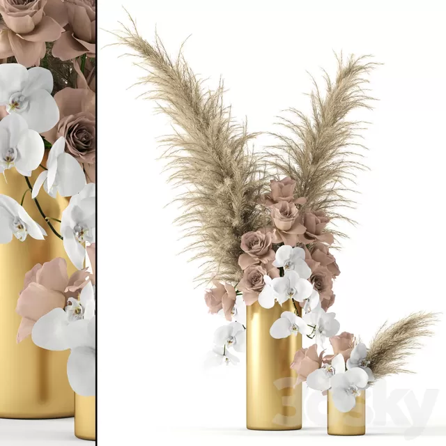 Decorative – Set – 3D Models – Pale roses and Co in brass vases