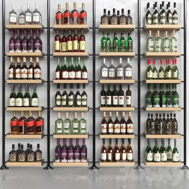 Shop – 3D Models – Set-370 (Wooden shelving with bottles)
