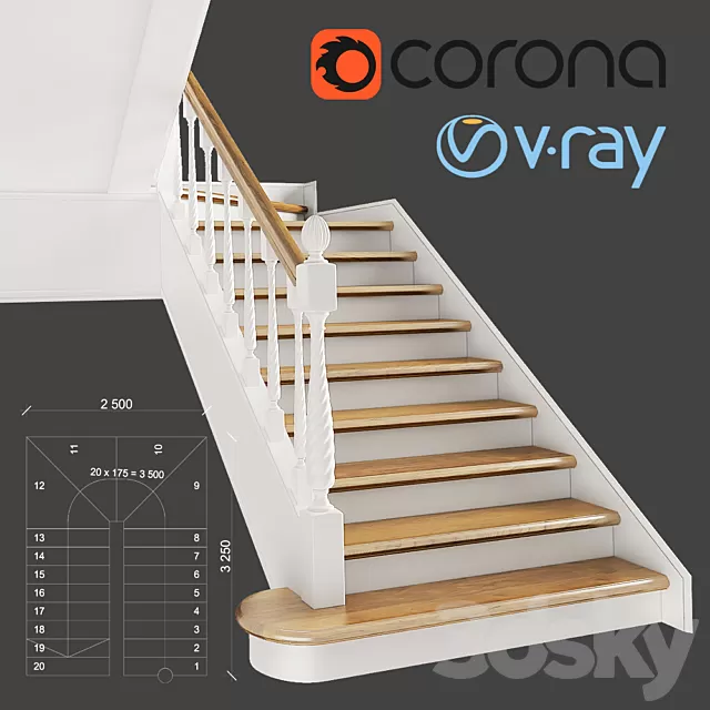 Staircase – 3D Models – Classic two-march staircase with staggered steps