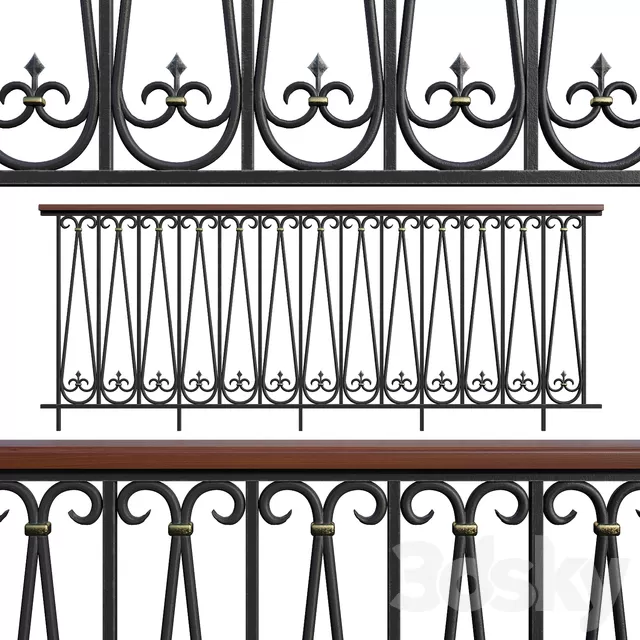 Staircase – 3D Models – Forged railing with a wooden handrail