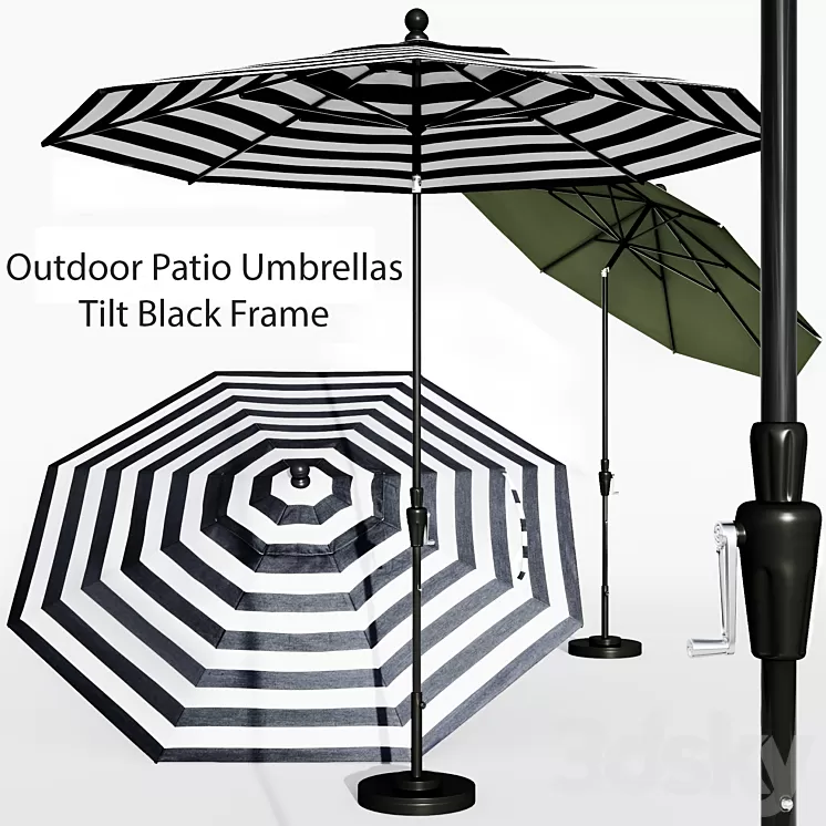 9′ Sunbrella Black Cabana Stripe Outdoor Patio Umbrella with Black Tilt Frame + Reviews 3D Model