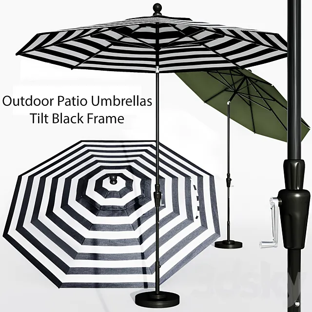 9′ Sunbrella Black Cabana Stripe Outdoor Patio Umbrella with Black Tilt Frame + Reviews 3DModel