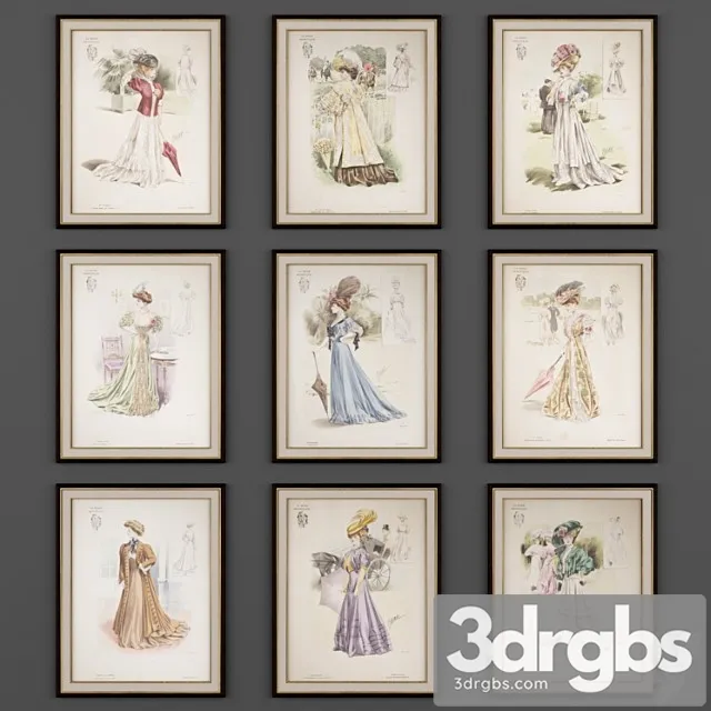 9 Vintage Fashion Engravings 3D Model Download