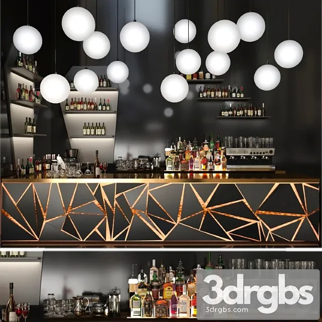A bar counter with a beautiful backlight and a collection of alcohol restaurant 3D Model Download