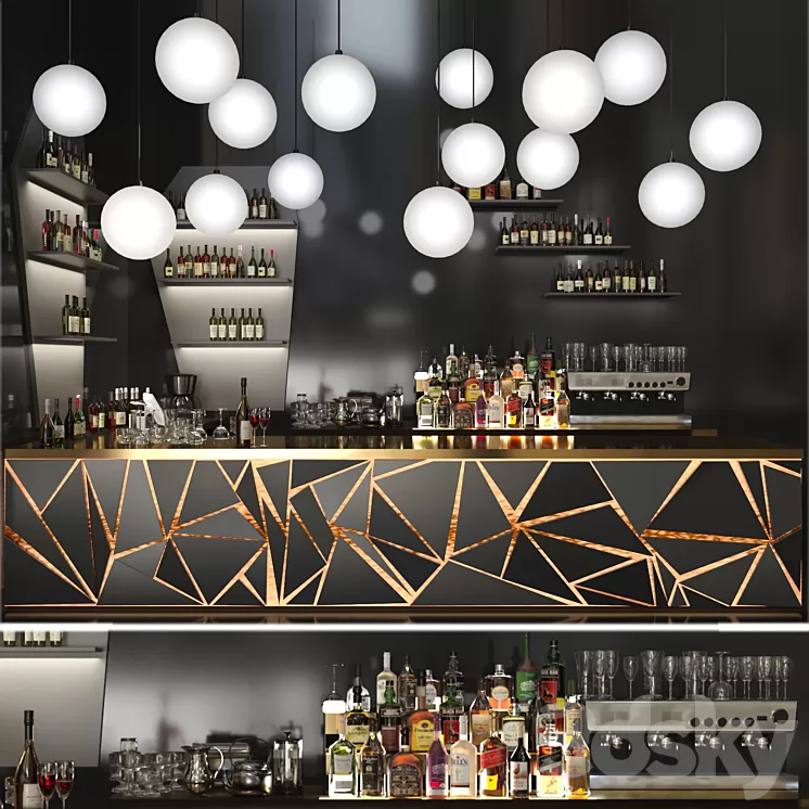 A bar counter with a beautiful backlight and a collection of alcohol. Restaurant 3D Model