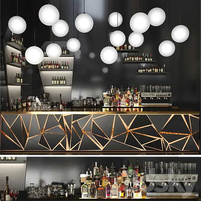 A bar counter with a beautiful backlight and a collection of alcohol. Restaurant 3DModel