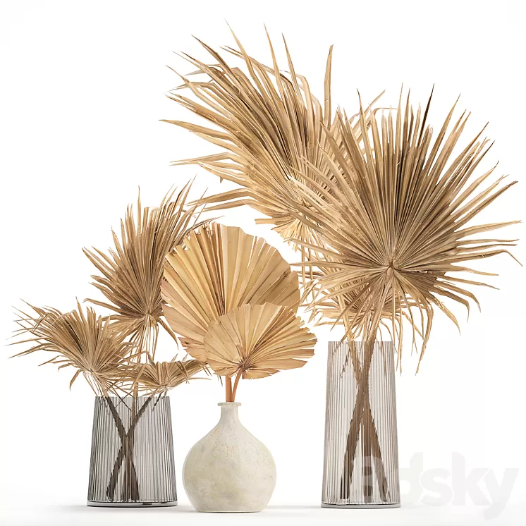 A beautiful bouquet of dried flowers in a glass vase with branches a dry palm leaf a branch. Set 133. 3D Model