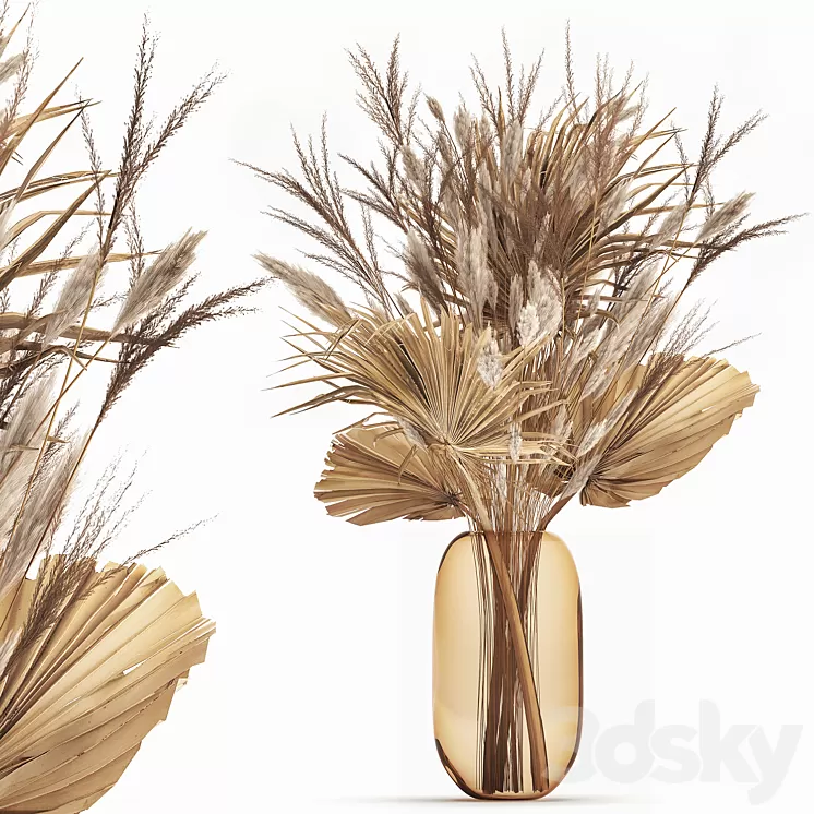 A beautiful bouquet of dried flowers in a glass vase with dry weinik branches and a dry palm leaf branch . 150. 3D Model Free Download