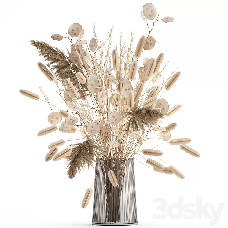 A beautiful bouquet of dried flowers in a vase with dry branches of pampas reeds lunnik. 127. 3D Model