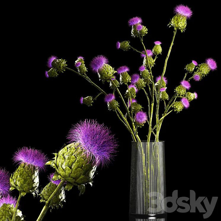 A beautiful green lush bouquet of stabilized dried flowers in a modern glass vase with branches of thorns thistle. Set 292. 3D Model Free Download A beautiful green lush bouquet of stabilized dried flowers in a modern glass vase with branches of thorns thistle. Set 292. 3D Model Free Download