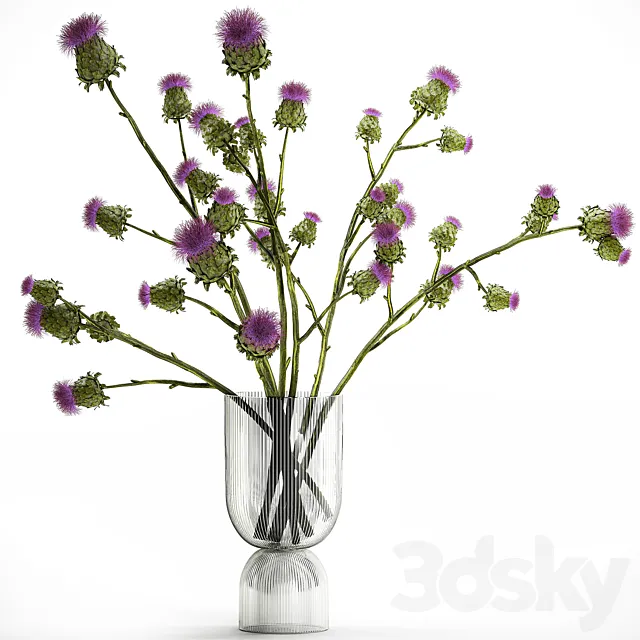 A beautiful green lush bouquet of stabilized dried flowers in a modern glass vase with branches of thorns thistle. Set 295. 3D Model A beautiful green lush bouquet of stabilized dried flowers in a modern glass vase with branches of thorns thistle. Set 295. 3D Model
