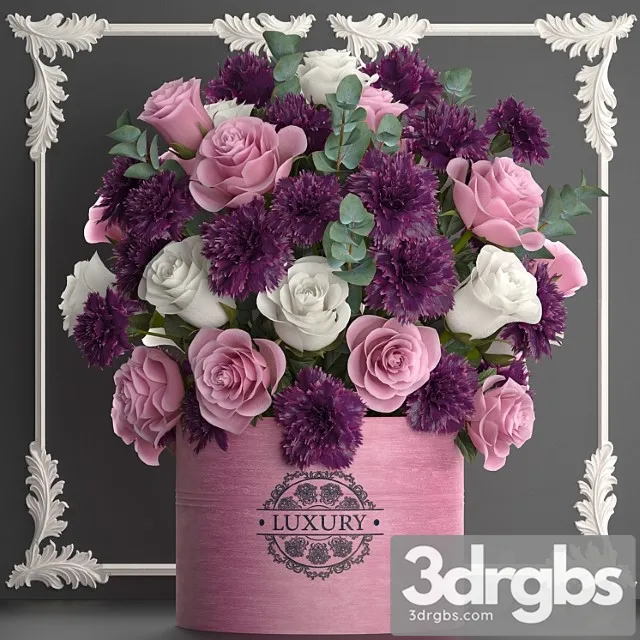 A beautiful lush modern bouquet of pink flowers in a luxury vase with a molded frame carnation roses eucalyptus branch set 93 3D Model Download
