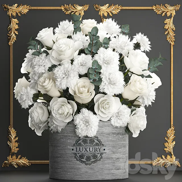 A beautiful lush modern bouquet of white flowers in a luxury vase with a molded frame carnation roses eucalyptus branch. Set 92. 3D Model