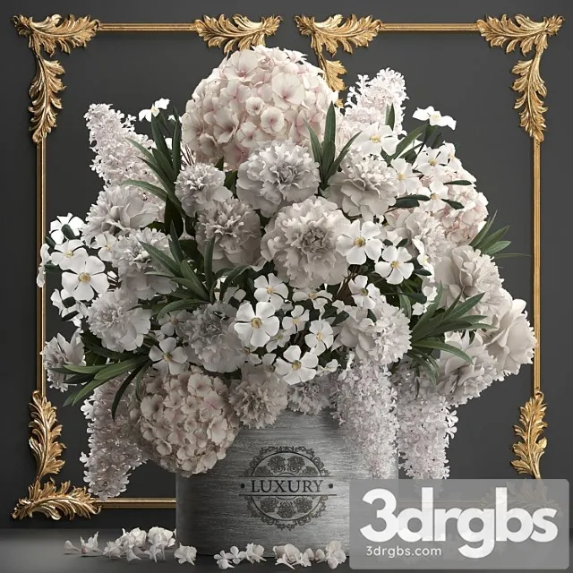 A beautiful lush modern bouquet of white flowers in a luxury vase with a molded frame hydrangea lilac peonies oleander gold set 91 3D Model Download