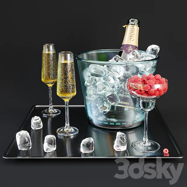 A bottle of champagne on a tray with ice and raspberries. 3D Model