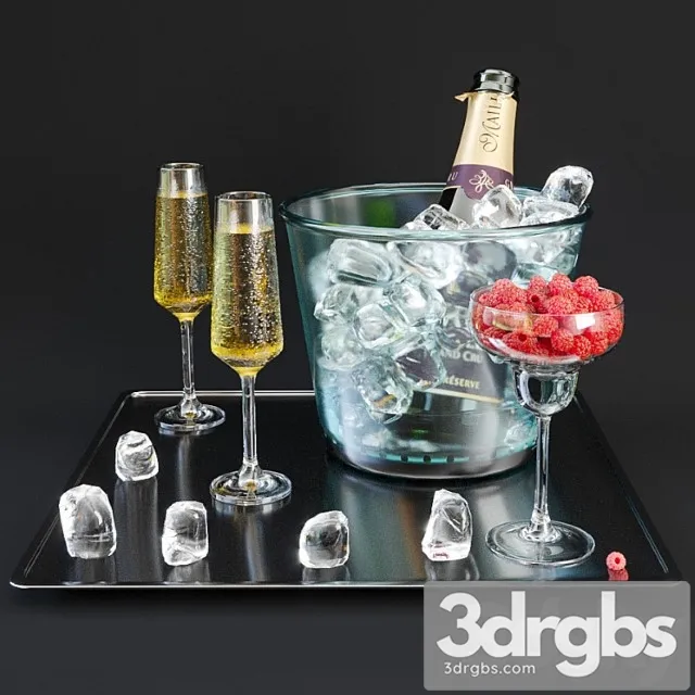 A bottle of champagne on a tray with ice and raspberries. A bottle of champagne on a tray with ice and raspberries.