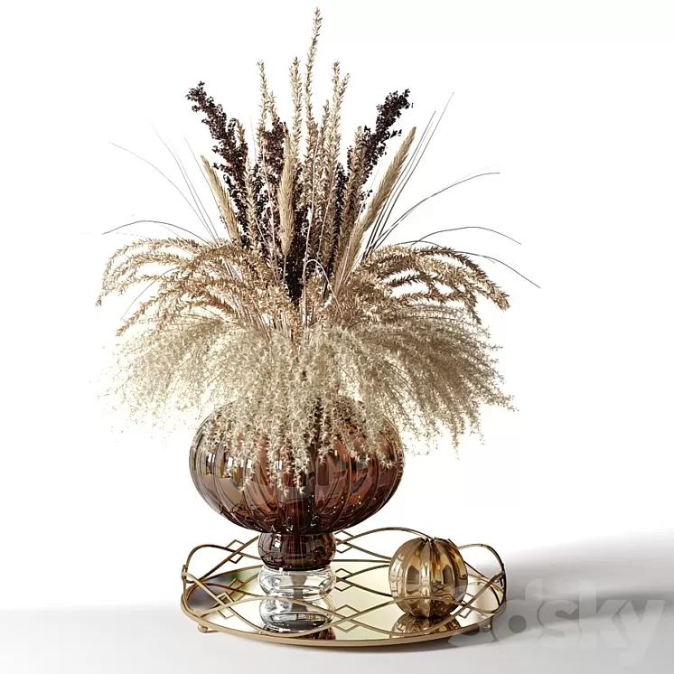 A bouquet of dried flowers in a pot-bellied brown vase on a tray 3D Model