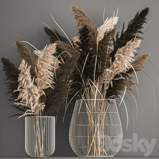 A bouquet of dried flowers with pampas grass in a basket reeds branches. Set 1071. 3D Model A bouquet of dried flowers with pampas grass in a basket reeds branches. Set 1071. 3D Model