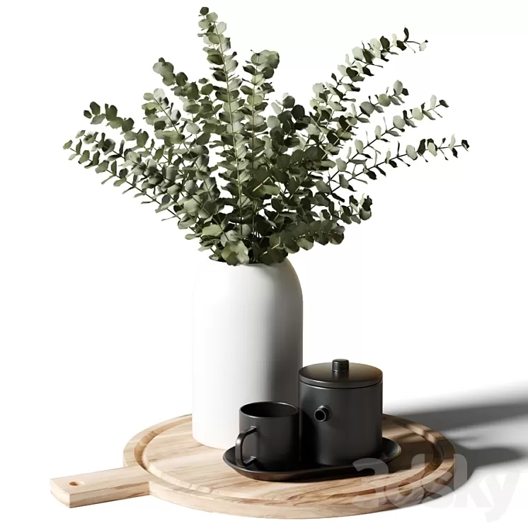 A bouquet of eucalyptus in a white vase and a teapot with a cup on a wooden board 3D Model