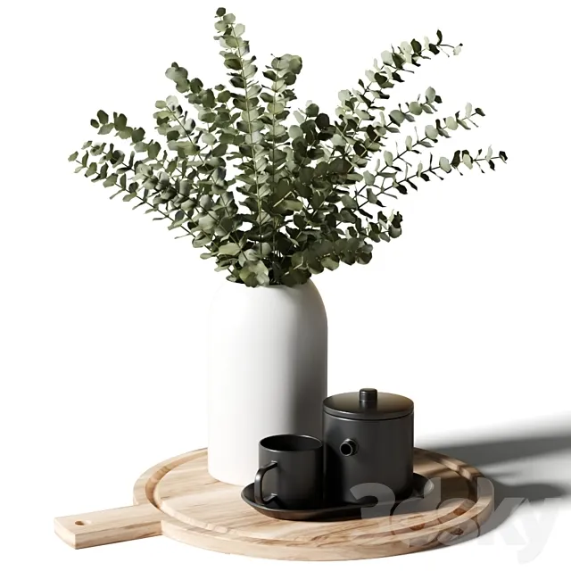 A bouquet of eucalyptus in a white vase. and a teapot with a cup on a wooden board 3DModel