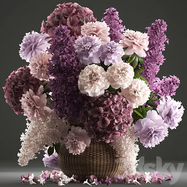 A bouquet of flowers 83. Lilac hydrangea basket decor peonies eco design natural decor table decoration 3D Model