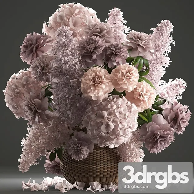 A Bouquet of Flowers 85 Lilac Hydrangea Basket Decor Peonies Eco Design Natural Decor Table Decoration 3D Model Download