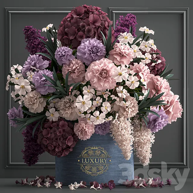 A bouquet of flowers in a gift box 87. Hydrangea. vase. peonies. oleander. decor. luxury. flowers. luxury decor. decoration. stylish. stucco. frame 3DModel