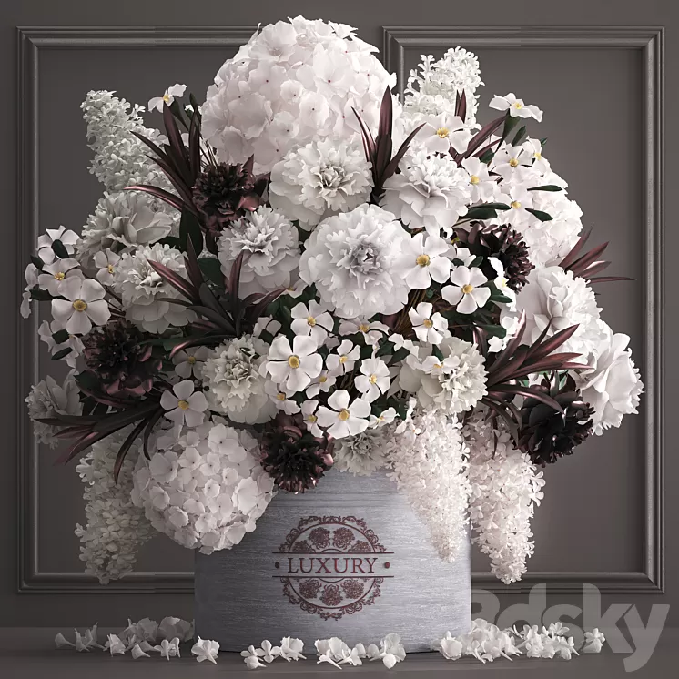 A bouquet of flowers in a gift box 88.luxury bouquet stucco frame Hydrangea lilac peonies oleander vase white bouquet luxury decor eco design table decoration composition 3D Model