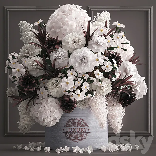 A bouquet of flowers in a gift box 88.luxury bouquet. stucco frame. Hydrangea. lilac. peonies. oleander. vase. white bouquet. luxury decor. eco design. table decoration. composition 3DModel
