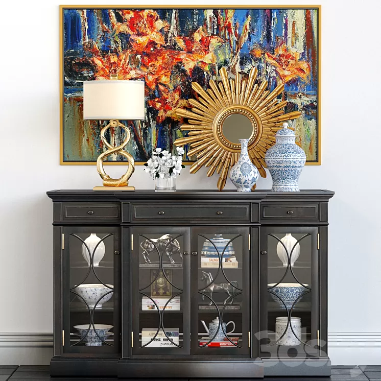 A chest of drawers with a collection of decor a lamp and a set of sculptures 3D Model