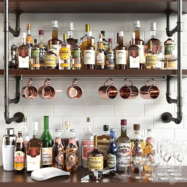 A collection of alcoholic drinks with a copper accent. Alcohol 15 3DModel