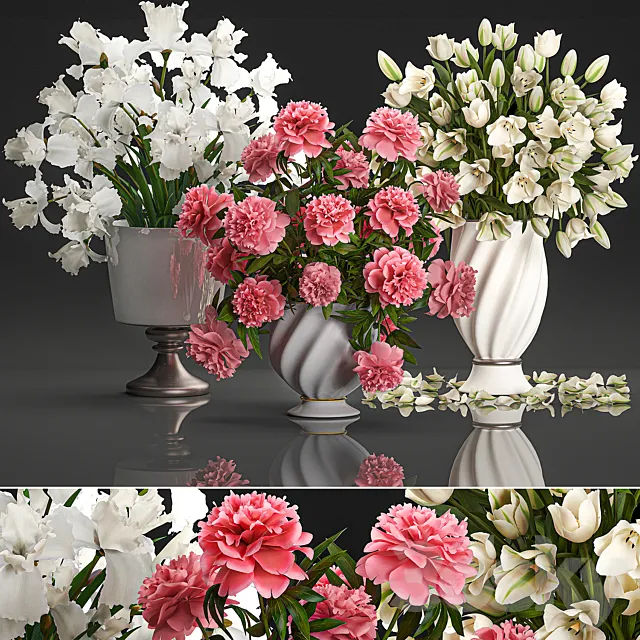 A collection of beautiful decorative bouquets in classic vases with pink peony White tulips Iris. Set 110. 3D Model A collection of beautiful decorative bouquets in classic vases with pink peony White tulips Iris. Set 110. 3D Model