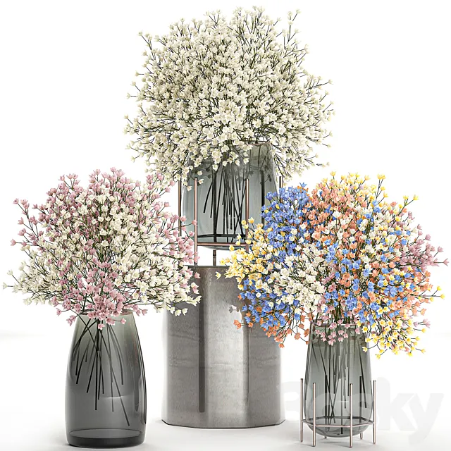 A collection of beautiful lush little white and pink bouquets in glass vases with Gypsophila Gibsolyubka Kachim. Set 107. 3D Model A collection of beautiful lush little white and pink bouquets in glass vases with Gypsophila Gibsolyubka Kachim. Set 107. 3D Model