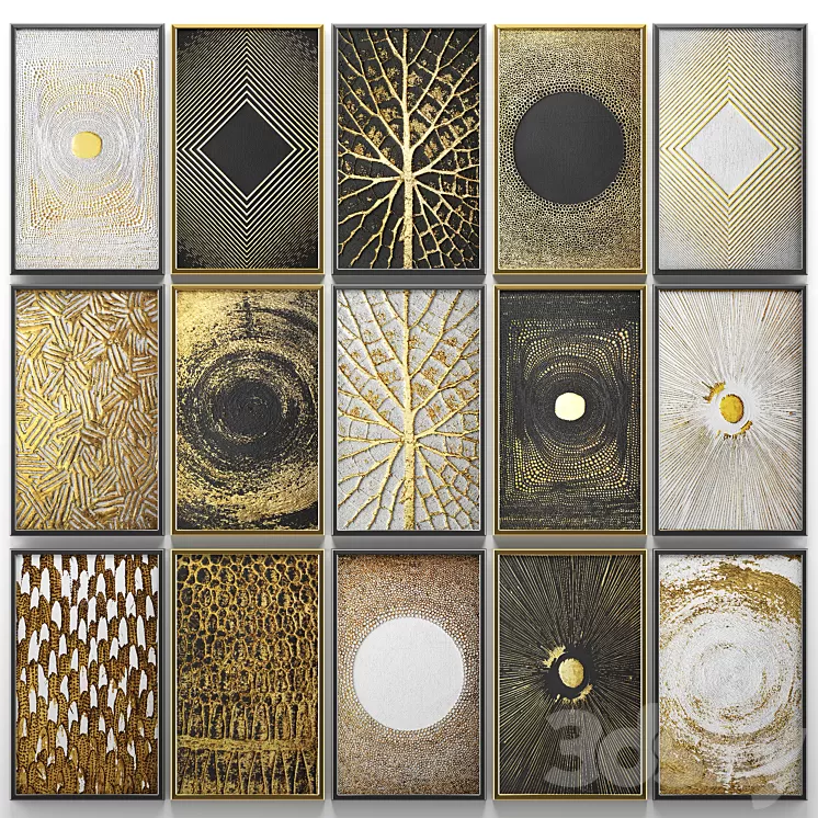 A collection of paintings. Gold. eight. wall decor a set of paintings luxury panels gold white black set decorative abstraction pattern 3D Model