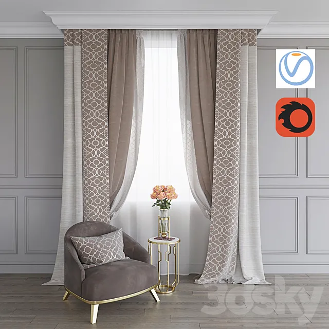 A curtain. an armchair and a table with roses (Vray + Corona)) 3DModel A curtain. an armchair and a table with roses (Vray + Corona)) 3DModel