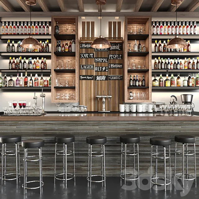 A large bar with alcohol and cocktails in ethnic style. Bar 3D Model