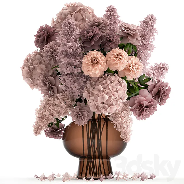 A lush bouquet of spring flowers in a glass vase with hydrangeas lilacs peonies. 144. 3D Model A lush bouquet of spring flowers in a glass vase with hydrangeas lilacs peonies. 144. 3D Model
