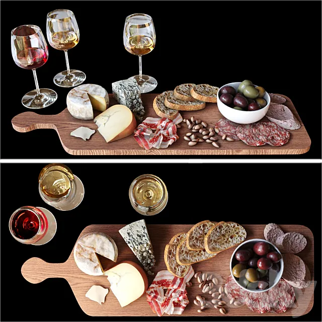 A meat plate with pieces of blue cheese and a glass of red wine. Alcohol 2 3D Model
