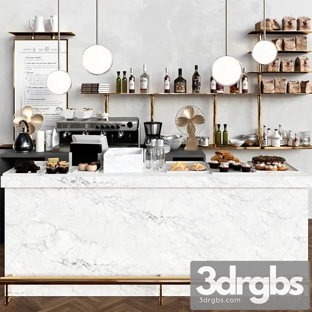 A modern cafe with a marble counter and desserts coffee house cake 3D Model Download
