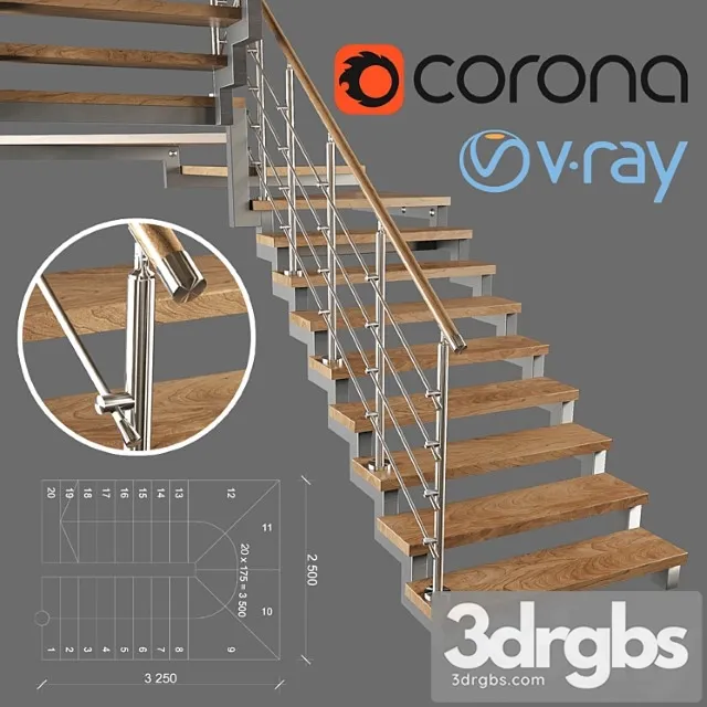 A modern two-march staircase with running steps 3D Model Download