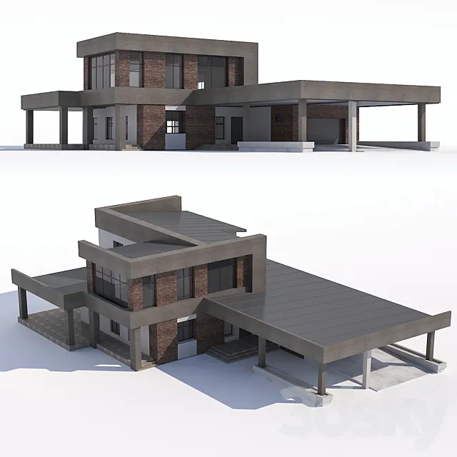 A modern two-storey house with an attached garage and a canopy. 3D Model