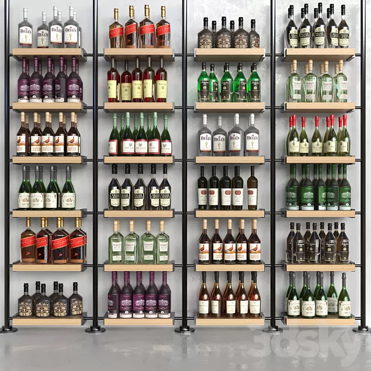 A rack with collection alcohol in a supermarket. Alcohol 3D Model