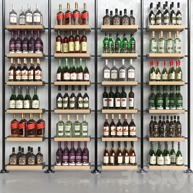 A rack with collection alcohol in a supermarket. Alcohol 3DModel